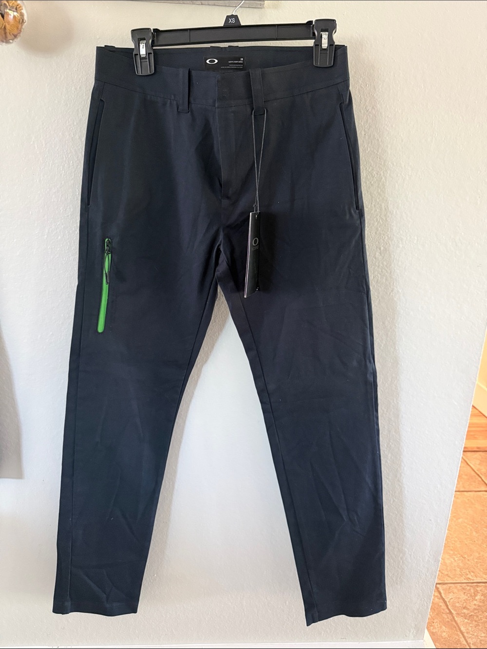 Oakley Men's Black Chinos with Green Zip Detail 28 x 30